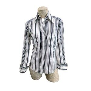 M Siamo 12 Navy‎ White Striped Ruffle Button Down Blouse Shirt Top Stretch EUC